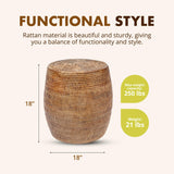 KOUBOO La Jolla Round Rattan Stool, Side Table, Handmade, Extra Seating, Patio, Living Room, Boho Decor, End Table, Honey Brown, 18" by 18" Kouboo