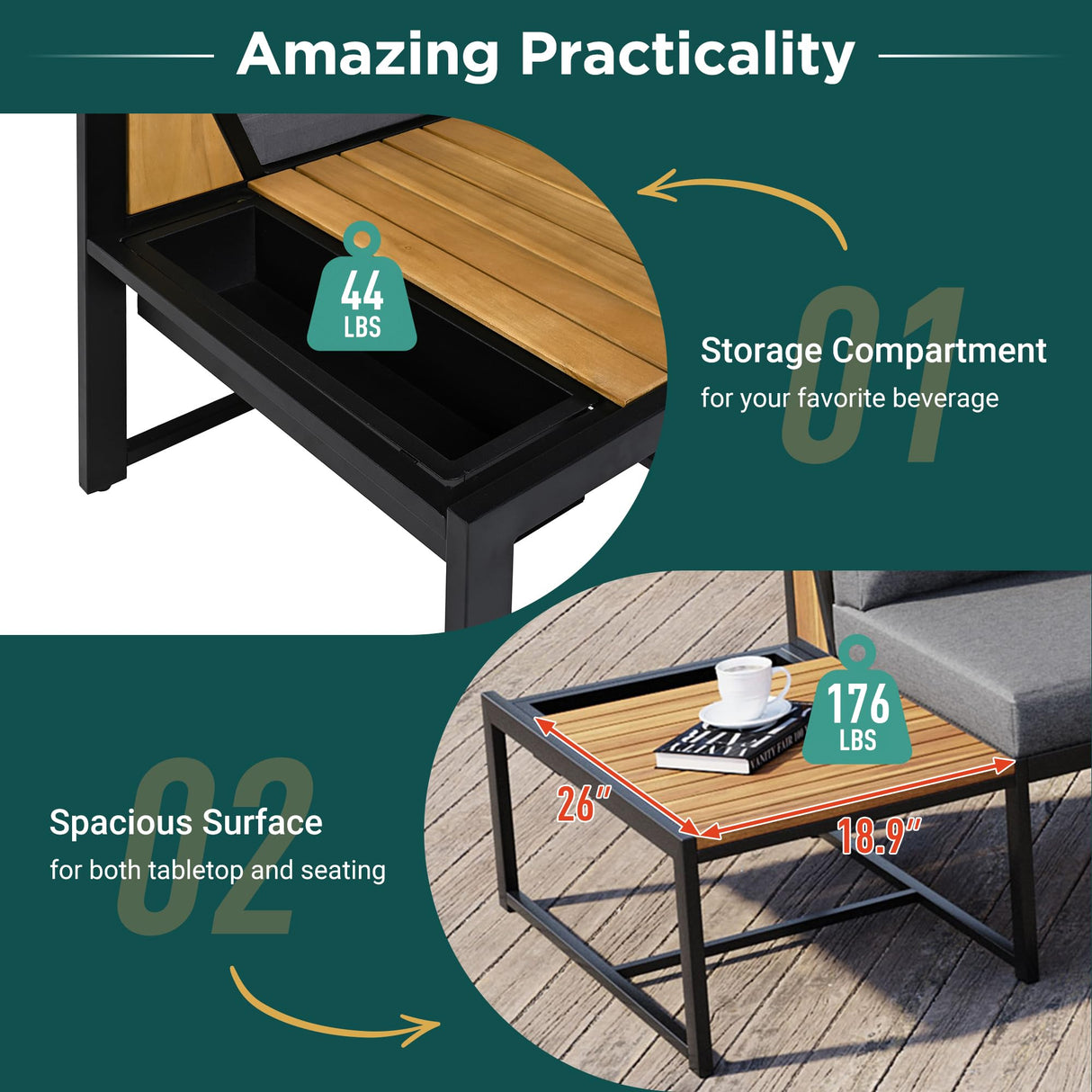 Merax Patio Furniture Set with Coffee Table & Loveseats, 4 Pieces Iron-Wood Design Outdoor Sectional Sofa, L-Shaped Conversation Set with Waterproof Cushions for Garden, Backyard, Poolside, Gray Merax