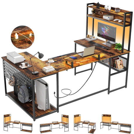 Halitaa U Shaped Desk with Power Outlet, L Shaped Office Desk with LED Lights and Monitor Stand, Reversible L-Shaped Computer Desk Suitable for Home Office, Corner, Gaming, Brown Halitaa