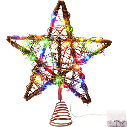 Star Tree Toppers Christmas Decorations Indoor Natural Brown Rattan Star Christmas Tree Topper Lighted Rustic Rattan Star Rustic Rattan Treetop Holiday Xmas Party Decorations (Coloured Light)