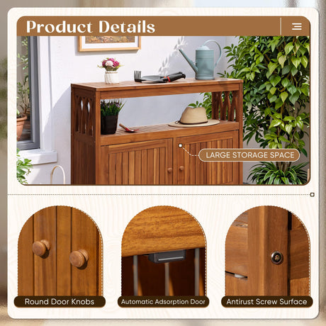Flamaker Outdoor Storage Cabinet Weatherproof Acacia Wood Outdoor Cabinet with 2 Magnetic Doors Used for Outdoor Storage, Buffet Cabinet, TV Stand, Bar Table, Potting Table (Brown) Flamaker