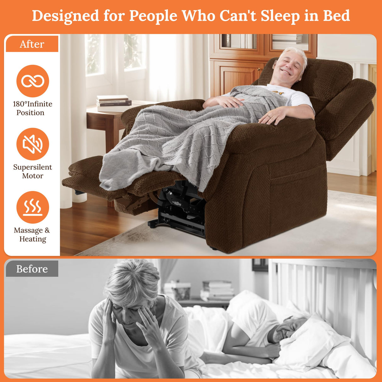 Neioml Three Motor Power Lift Chairs Recliners for Big and Tall Elderly- 180°Large Lay Flat Lift Chair- Power Headrest-Infinite Position-Heat & Vibration Massage (Chocolate) Neioml