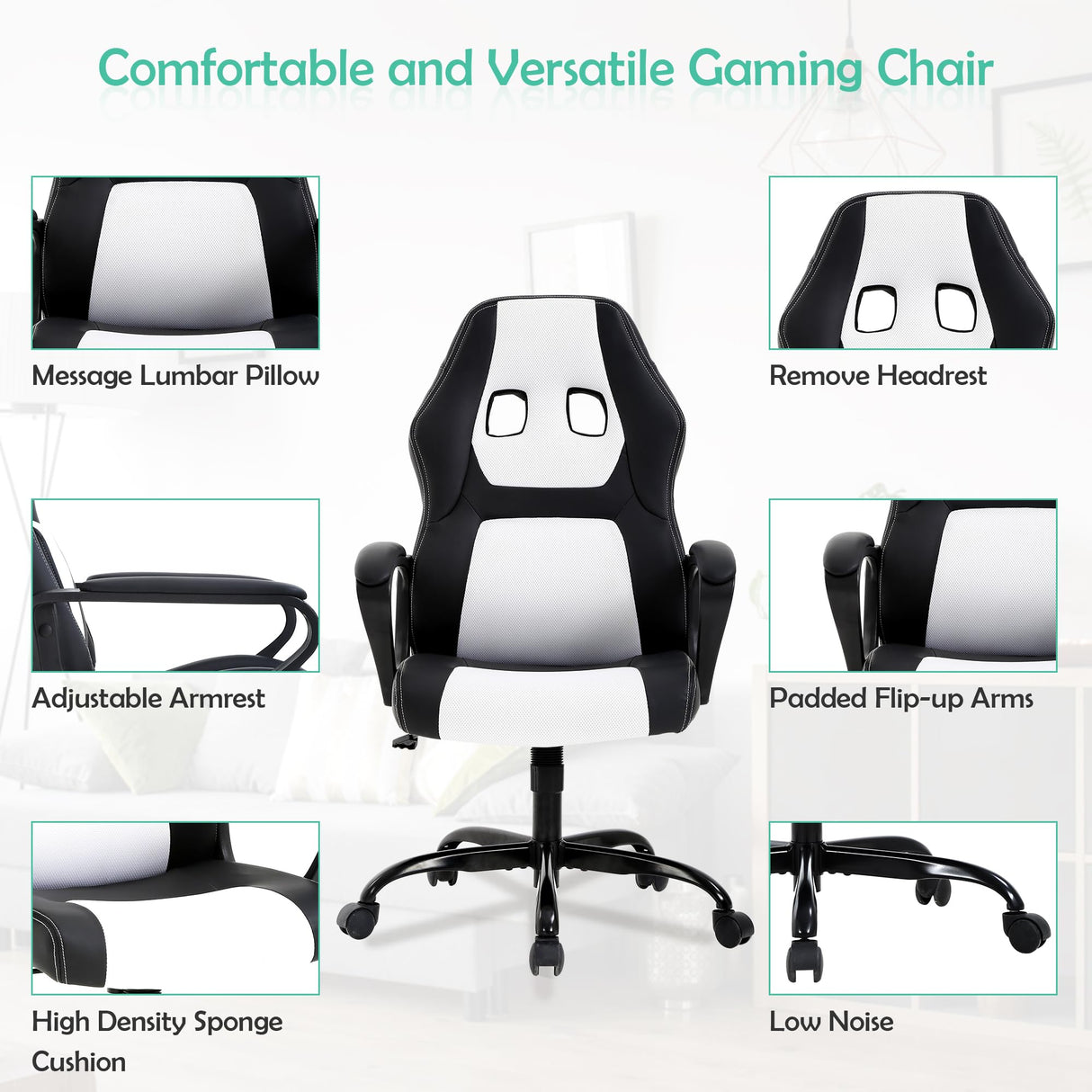 White Massage Gaming Chair for Kids, Ergonomic Office Chair Computer Chair with Adjustable High Back & Armrest, PU Leather Gamer Chair with 360°Swivel, Heavy Duty Gaming Chairs for Adults, Teens BORGEBY