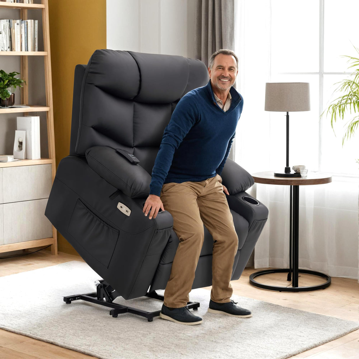 MCombo Power Lift Recliner Chair with Extended Footrest for Elderly People, Faux Leather 7287 (Black, Medium) MCombo