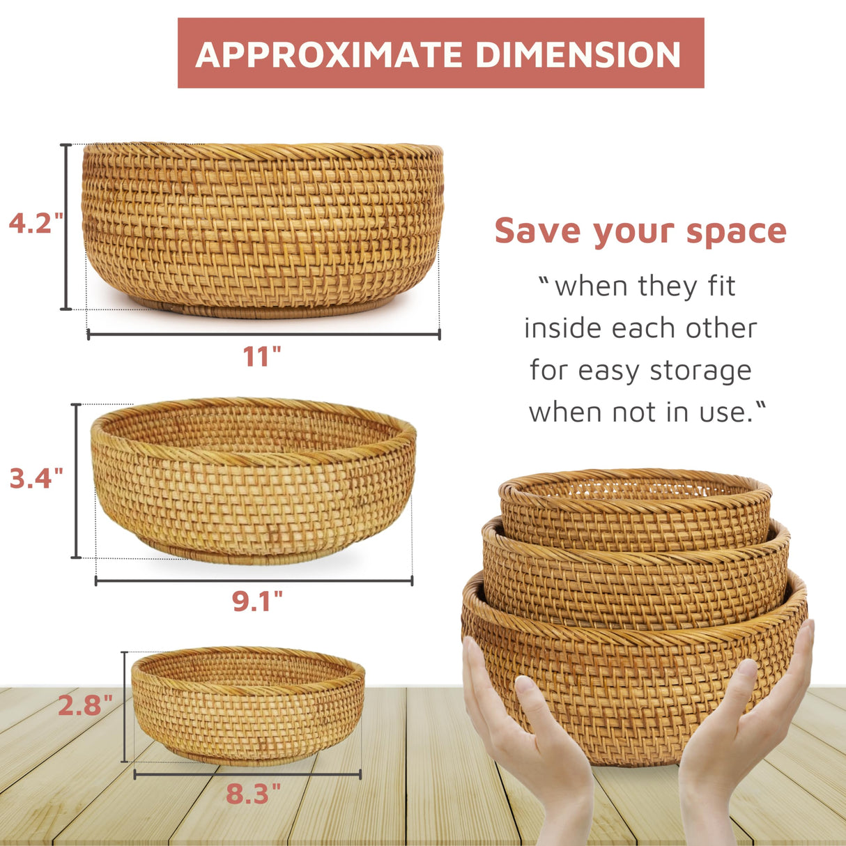 CLAYNIX Woven Fruit Basket For Holder Bowl Decorative Bread Vegetable, Serving Bowl Set of 3 For Organizing Kitchen Natural Rattan Picnic Basket Round Stackable (Natural) CLAYNIX