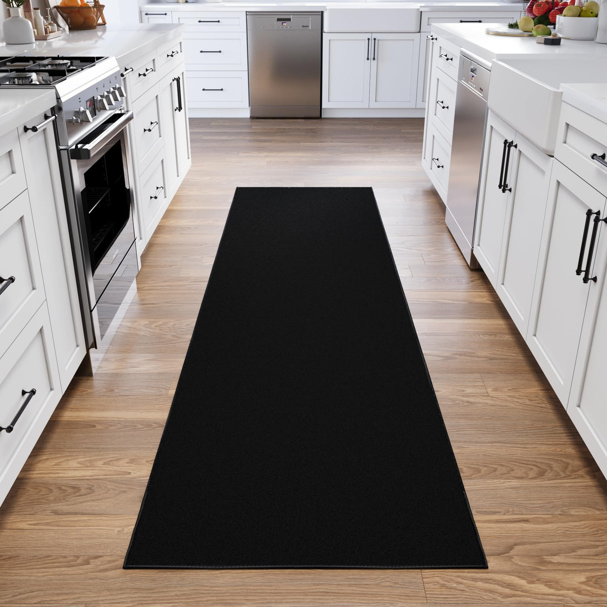 Machine Washable Modern Solid Design Non-Slip Rubberback 3x10 Traditional Runner Rug for Hallway, Kitchen, Bedroom, Living Room, 2'7" x 9'10", Black Ottomanson