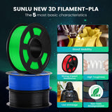 SUNLU 10KG PLA Filament Bundle 1.75mm, 3D Printer Filament, Dimensional Accuracy +/- 0.02 mm,1kg Spool, 10 Rolls, Black+White+Grey+Transparent+Blue+Green+Orange+Red+Pureyellow+Cyan SUNLU