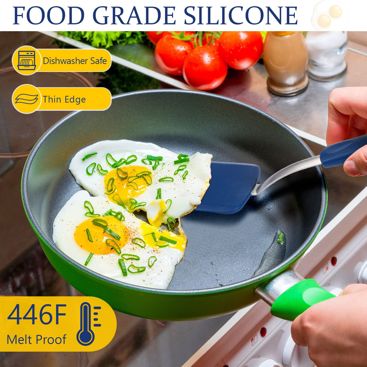 Yetene Silicone Cookie Spatula Turner 2 Pack Mini Brownie Spatula Flexible Kitchen Small Silicone Spatulas for Nonstick Cookware Heat Resistant No Scratch Flipper for Egg Pancake (Gray, Blue) Yetene