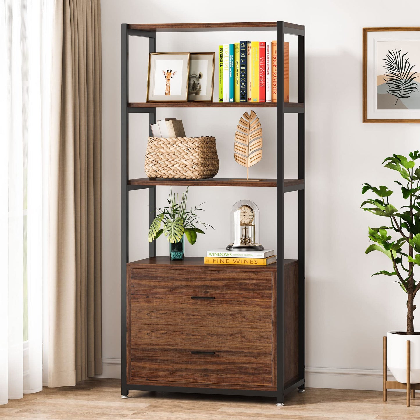 Tribesigns Rustic 4-Tier Bookcase with 2 Storage Drawers for Home Office - WoodArtSupply