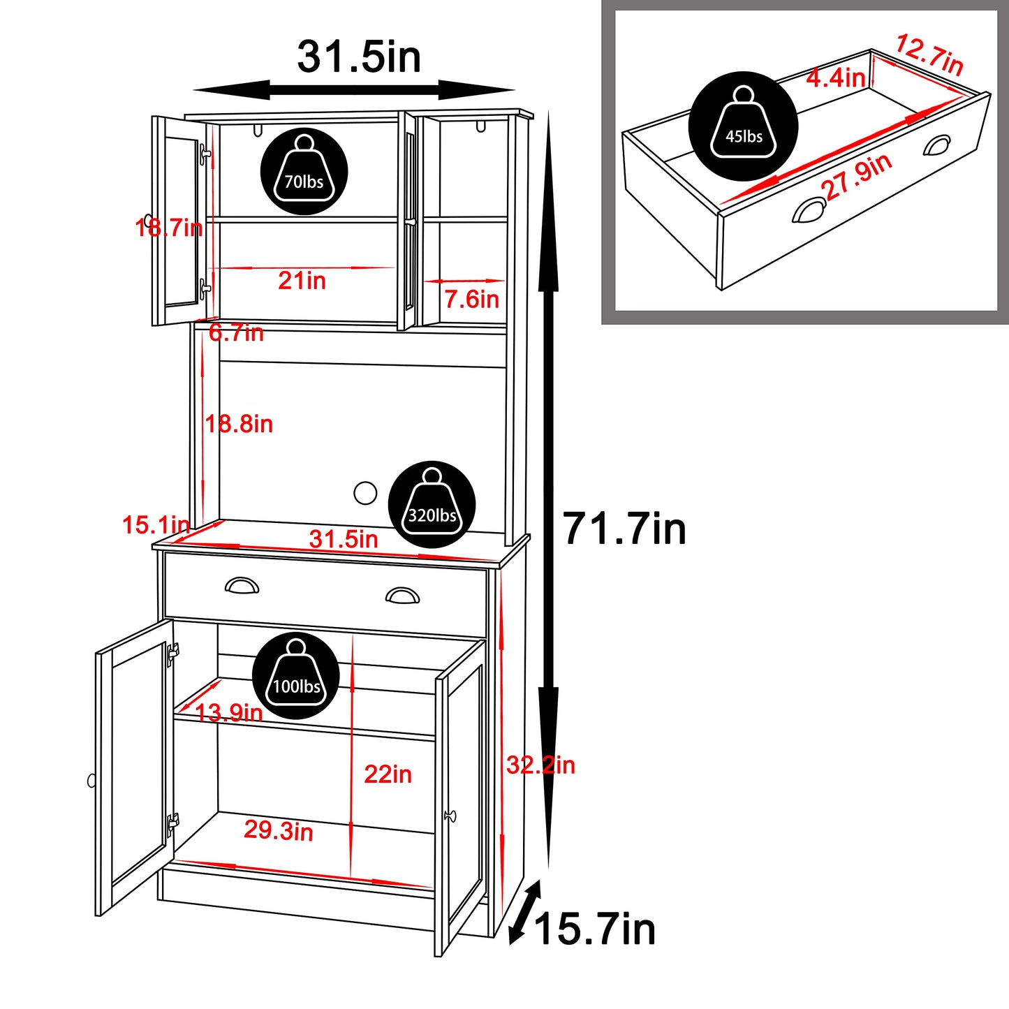 VEIKOU 72" Kitchen Pantry Cabinet with Microwave Cabinet, Kitchen Storage Cabinets w/Glass Doors & Adjustable Shelves, Freestanding Kitchen Hutch with Upgraded Metal Hinges, White - WoodArtSupply