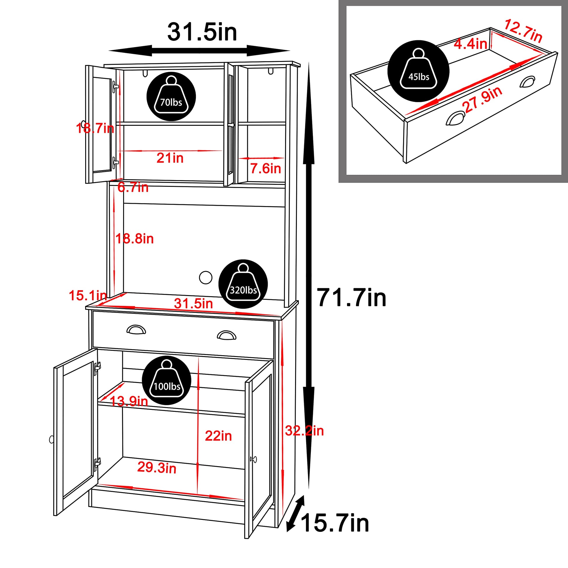 MUPATER 72'' Kitchen Pantry Cabinet Storage Hutch with Microwave Stand, Freestanding Pantry Buffet Cabinet with Adjustable Shelves, Cupboard and Drawer for Home, Blue - WoodArtSupply