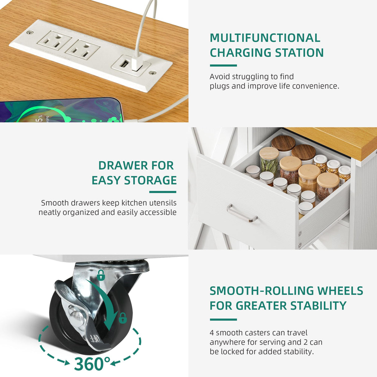 YITAHOME Bakers Rack with Power Outlet and LED Light, 53 Inch Microwave Stand with Storage Cabinet Thickened Counter, Farmhouse Coffee Bar Cabinet on Wheels Tall Shelf for Spices, Cups, Pots, White YITAHOME