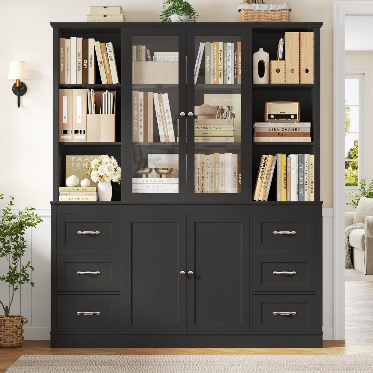 HIFIT 74.4'' Tall Kitchen Pantry Storage Cabinet, 63'' Wide Large Kitchen Hutch, Farmhouse Pantry Cabinet, Bookcases and Bookshelves with 6 Drawers & 4 Doors, Black Glass China Hutch for Living Room HIFIT