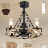 POWIFY 20 Inch Wagon Wheel Chandelier with Fan, Farmhouse Chandelier Fan with Remote, Quiet Reversible Motor, Dual Finish Blades, Black Rustic Ceiling Fan for Bedroom Dining Room Living Room Kitchen POWIFY