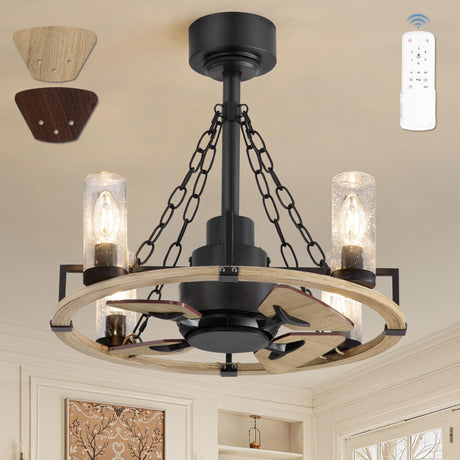 POWIFY 20 Inch Wagon Wheel Chandelier with Fan, Farmhouse Chandelier Fan with Remote, Quiet Reversible Motor, Dual Finish Blades, Black Rustic Ceiling Fan for Bedroom Dining Room Living Room Kitchen POWIFY