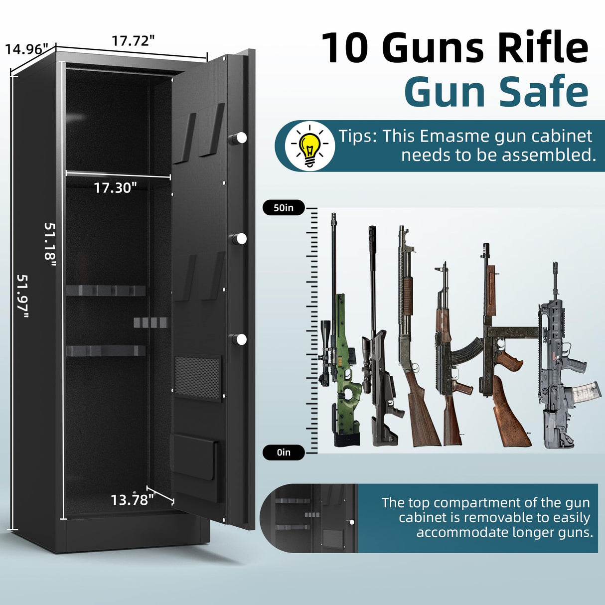 Emasme Gun Safes, Rifle Gun Safe with a Storage Box, No Assembly Required, Gun Cabinet with Removable Shelf, for Home Rifle and Pistols Storage(8-10 Gun Safe Digital) Emasme