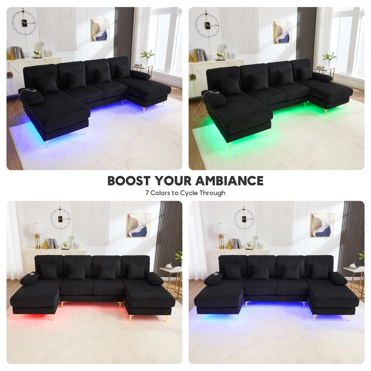 VYNELITO U Shaped Sectional Sofa Couch, 4 Seat Sofa with Double Chaise Lounge for Living Room, 104" Comfy Corduroy Couch with USB and Lights, Black Corduroy VYNELITO