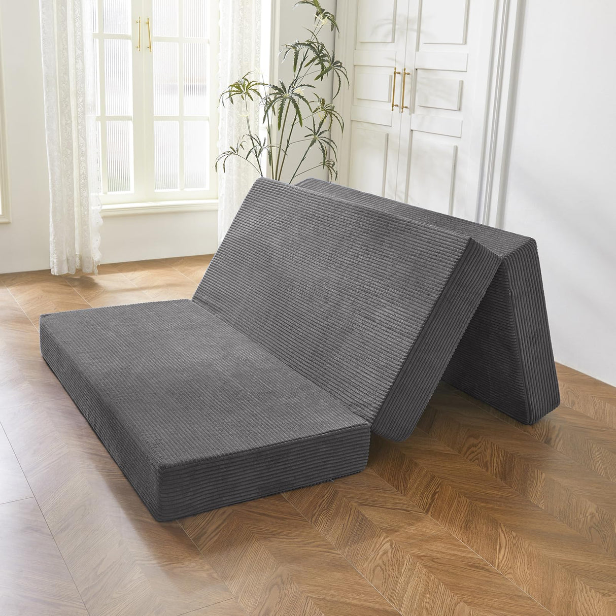 BYBYME Tri-Folding Corduroy Mattress, 6 Inch Gel Folding Mattress Topper, Foldable Soft Guest Bed Camping Pad, Washable Cover (Carbon Gray, Full) BYBYME