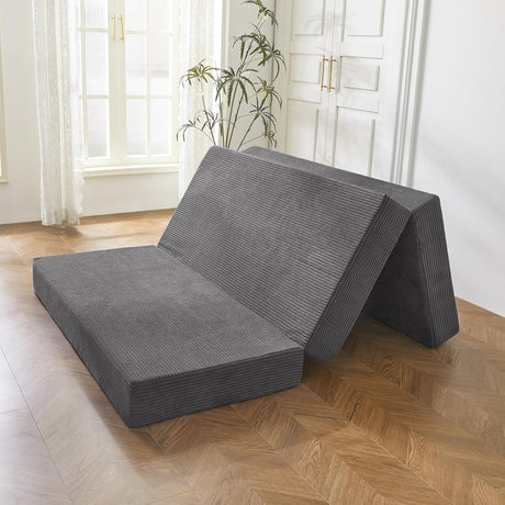 BYBYME Tri-Folding Corduroy Mattress, 6 Inch Gel Folding Mattress Topper, Foldable Soft Guest Bed Camping Pad, Washable Cover (Carbon Gray, Full) BYBYME