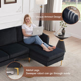 Kingfun 84" W Sectional Couches for Living Room, Velvet L Shaped Couch with Chaise and Metal Legs, 3 Seater Sofa Small Couch for Small Spaces Bedroom, Black Kingfun