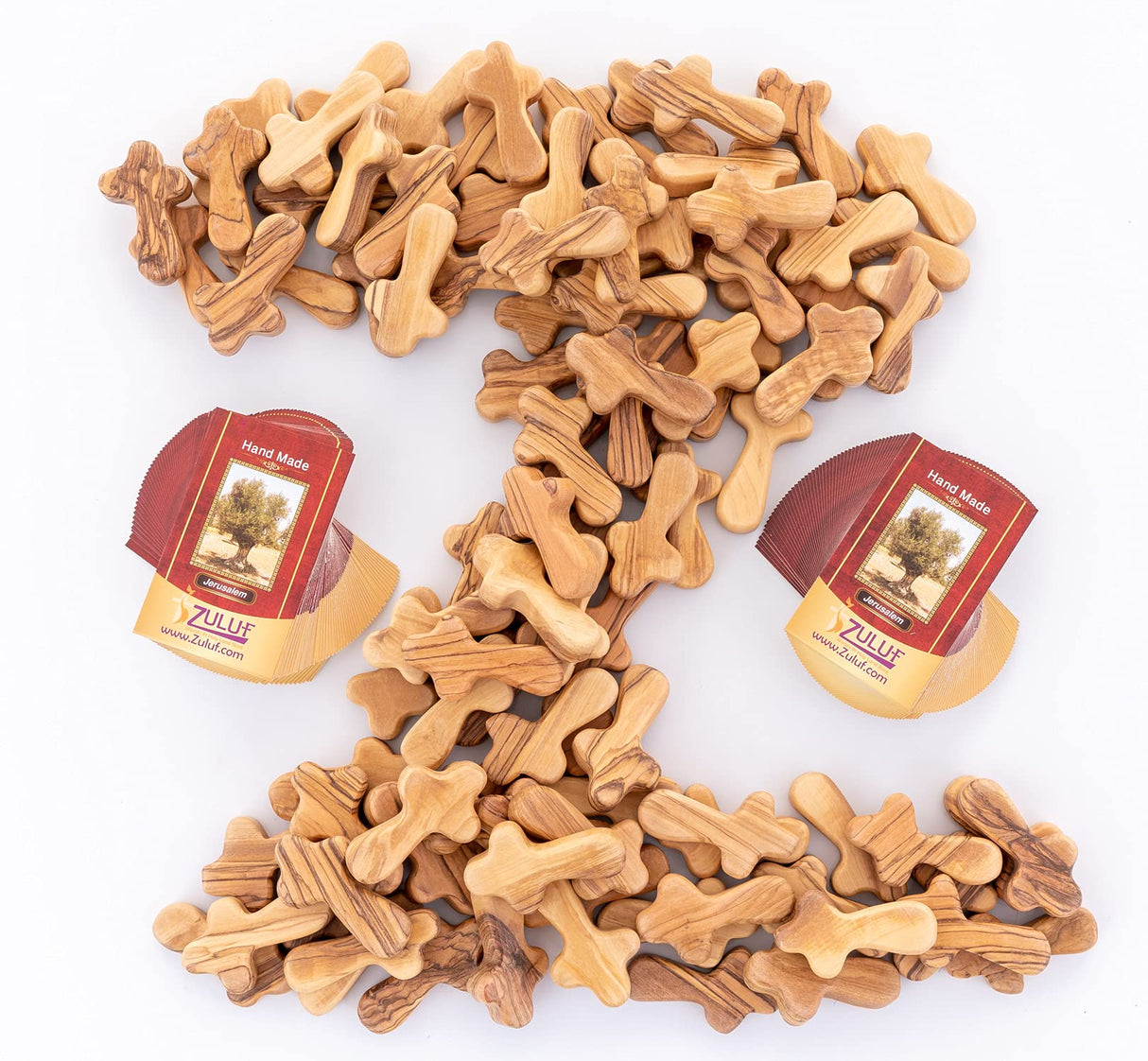 Zuluf 100 Small Olive Wood Comfort Crosses from Bethlehem Israel | Pocket Holding Crosses | Comes With 100 Holy Land Certificates 6cm / 2.5 Inch Each Cross - CRS301 Zuluf