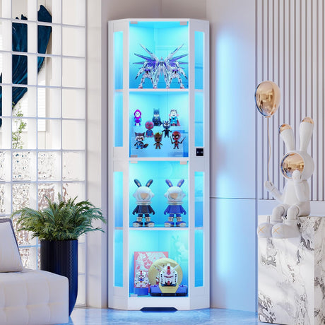 BROTTAR 65" Corner Glass Display Cabinet with LED Lights, 4-Tier Showcase Display Case with Glass Doors & Human Body Sensor, Curio Cabinet for Collectibles, Figure, Liquor, White BROTTAR