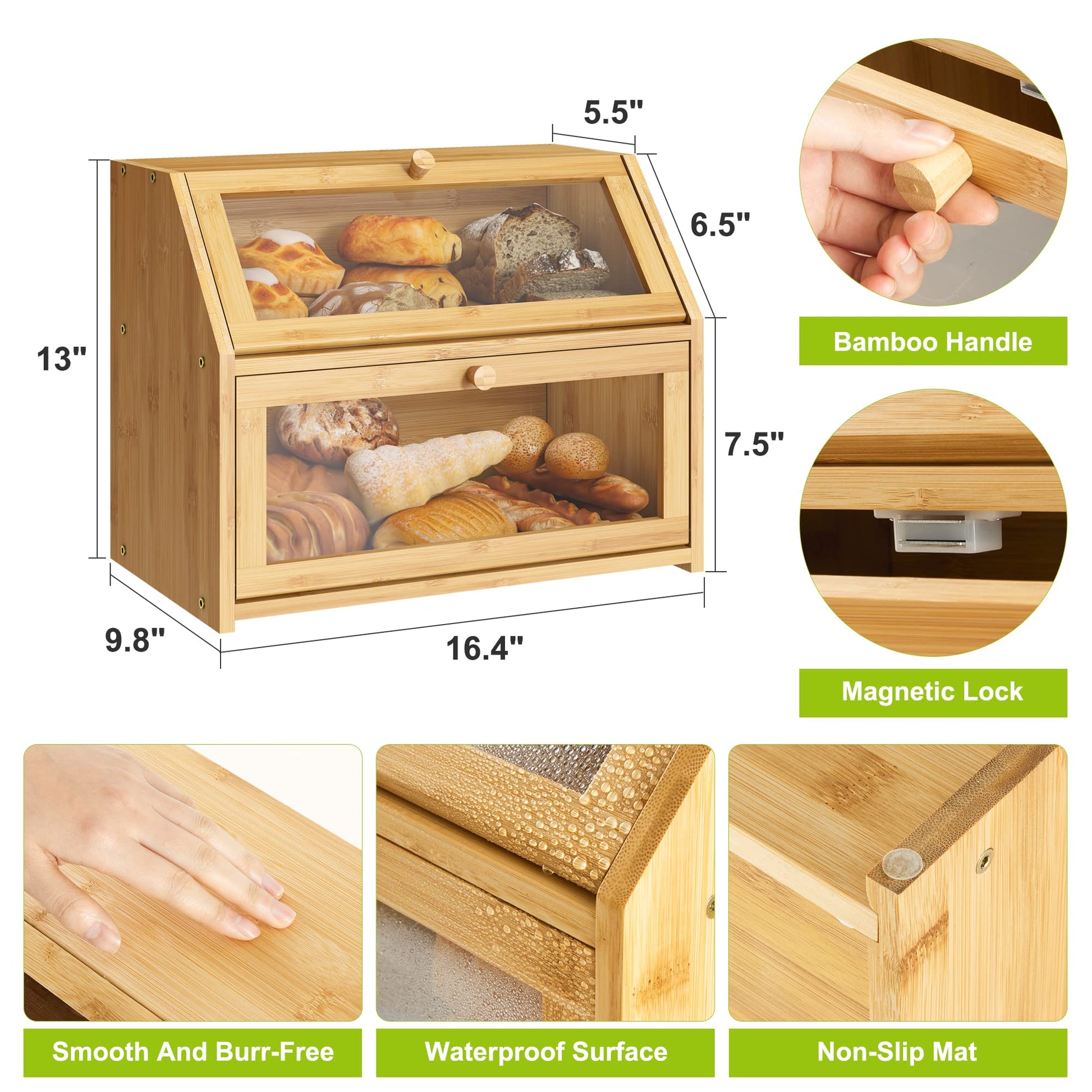 Farmhouse Bread Box for Kitchen Countertop Bread box Double Layer Bamboo Wooden Extra Large Capacity Bin Kitchen Food Storage Container(White) - WoodArtSupply