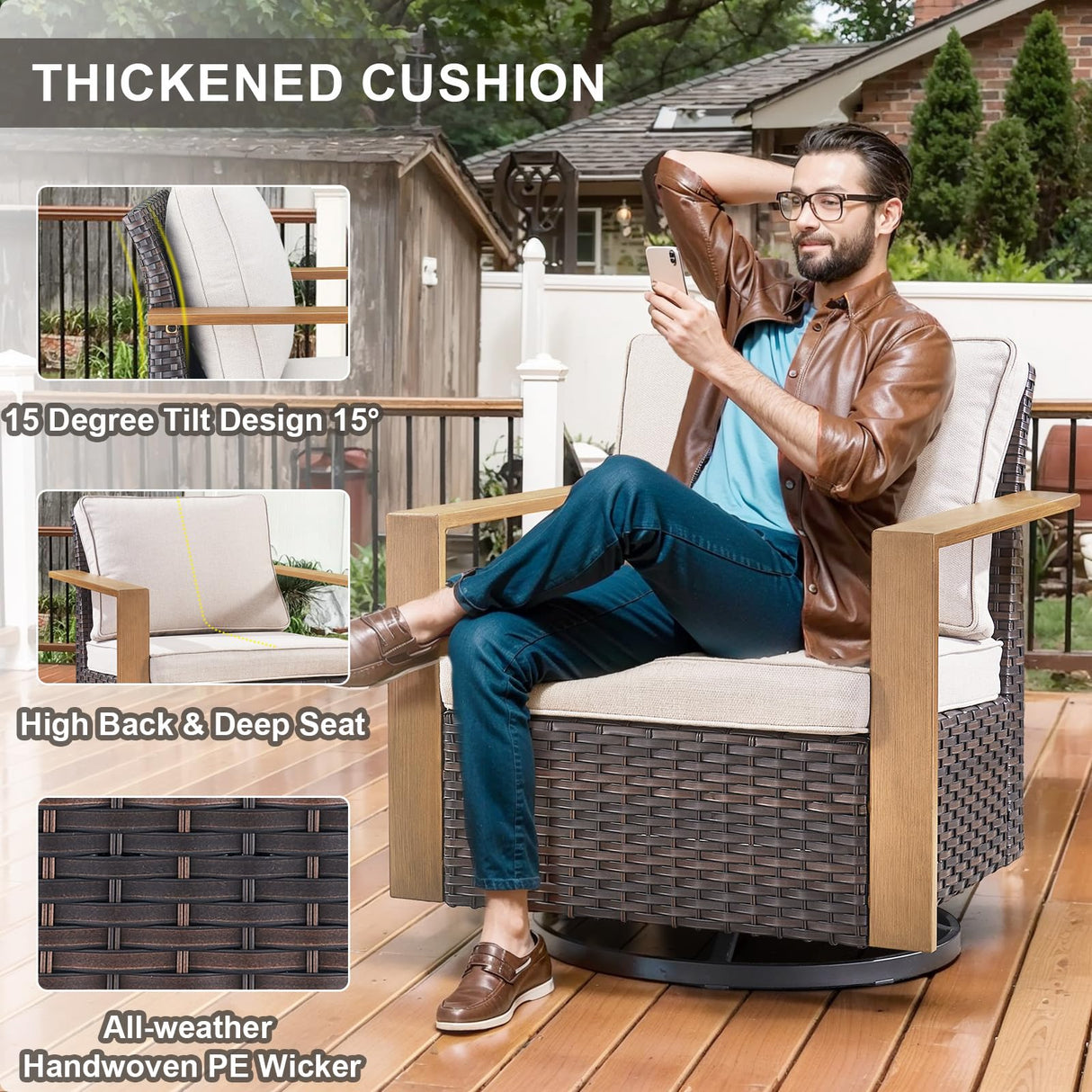 Belord 5 Piece Patio Furniture Set with Swivel Chairs, PE Wicker Patio Sofa Set Outdoor Swivel Rocker Patio Chairs with Anti-Rust Metal Wide Armrests for Deck Backyard Sunroom Belord