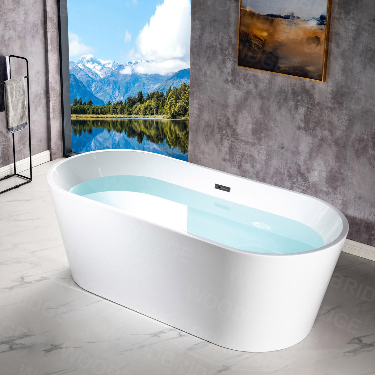 WOODBRIDGE 71" Acrylic Freestanding Bathtub Contemporary Soaking White Tub with Matte Black Overflow and Drain,White,B1701 MB WOODBRIDGE