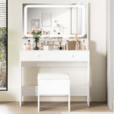 IRONCK Vanity Desk Set with LED Lighted Mirror & Power Outlet, Makeup Vanity Table with 4 Drawers,Storage Bench,for Bedroom, Bathroom, White IRONCK