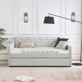SLEERWAY Daybed with Trundle, Linen Upholstered Tufted Twin Size Day Bed Pull-Point Sofa Daybed Frame with Twin Roll-Out Trundle, No Box Spring Needed, Furniture for Bedroom, Living Room, Beige SLEERWAY