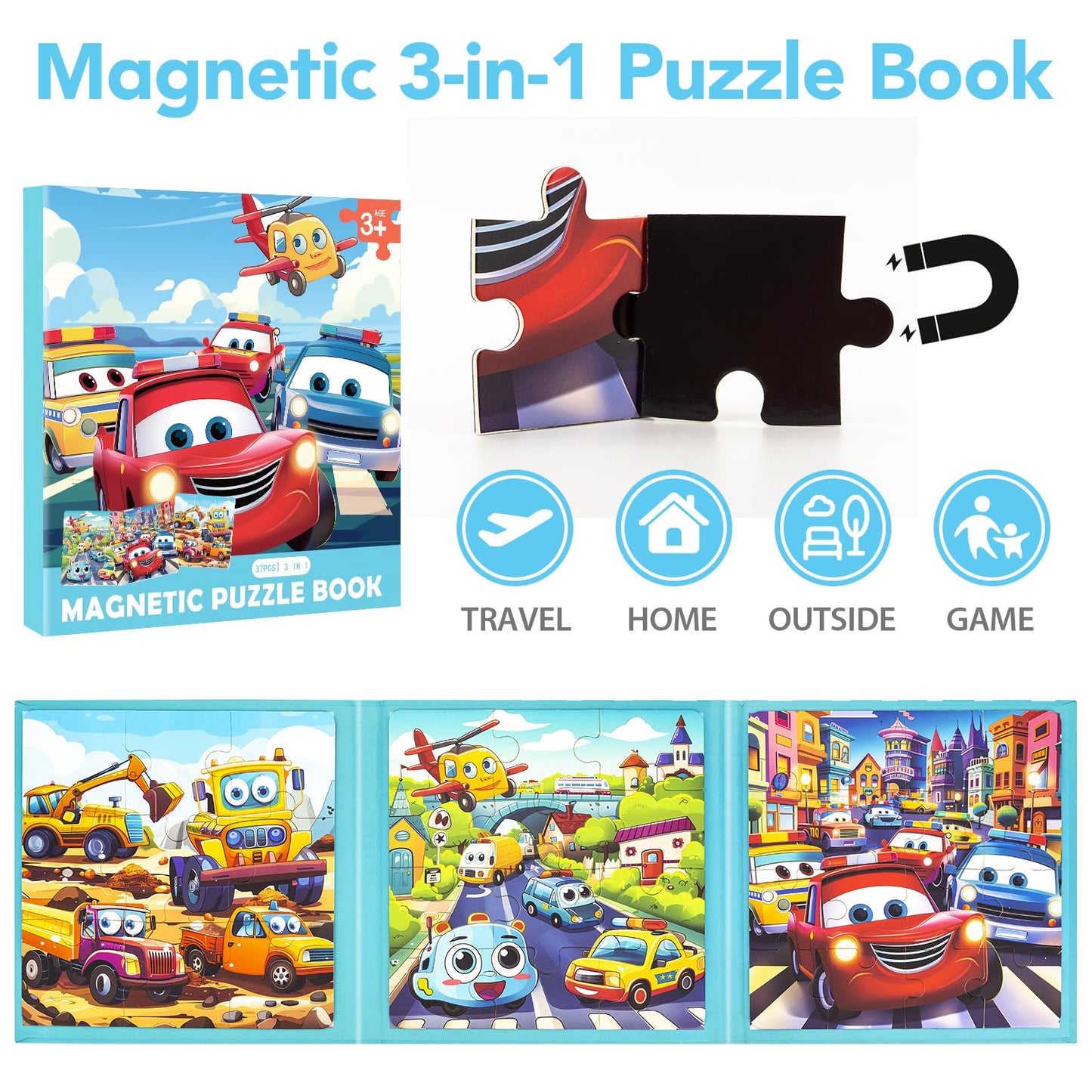 Magnetic Puzzles for Toddlers 3-5, 9-12-16 Pieces Car Puzzles for Kids Ages 4-6 Kids Puzzles Educational Learning Magnet Travel Puzzles Road Trip Activities Toys for 2 3 4 5 6 Year Old Boys and Girls