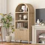 Yusong 71" Tall Arched Bookcase, 5-Tier Arched Bookshelf, Arch Cabinet Display Cabinet with Fluted Doors and Shelves, Modern Farmhouse Kitchen Pantry for Living Room Bedroom, Nature Yusong