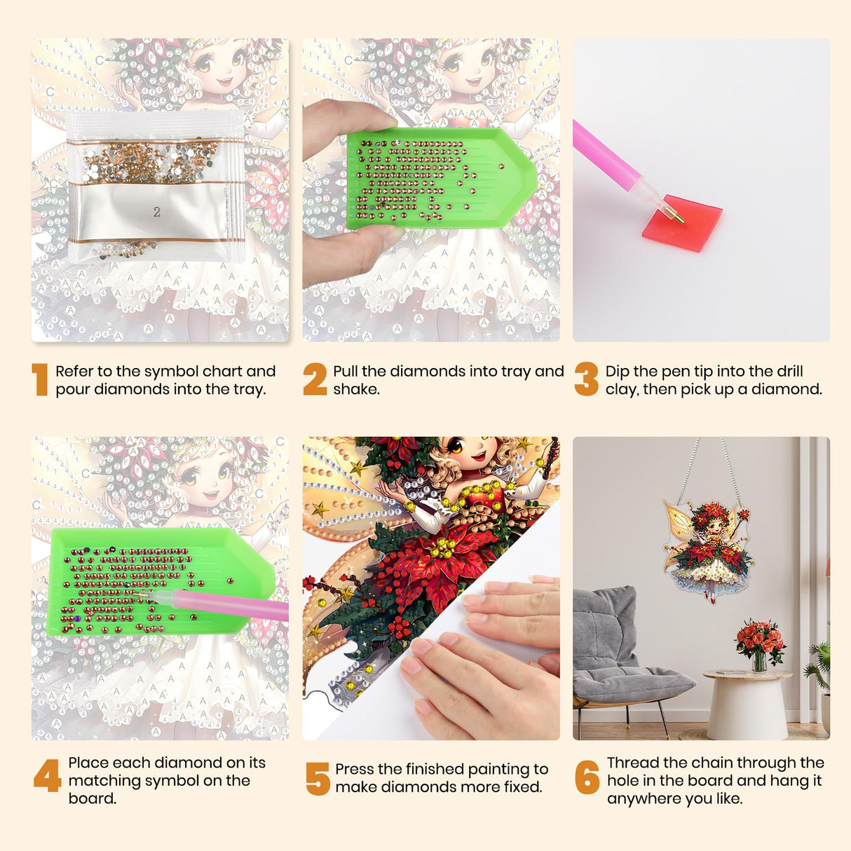 MXJSUA Cute Christmas Fairy Special Shaped Hanging Diamond Painting Art Kits for Adults, Crystal Rhinestone Acrylic Gem Art Pendant Ornaments Kit for Home Decor and Gift 7.87 * 7.87 Inch MXJSUA
