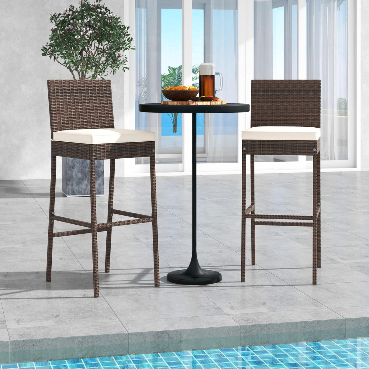 Toolsempire Outdoor Wicker Barstools, Patio Rattan Barstool Set of 4 with Cushion, Footrest & Heavy-Duty Metal Frame, Outdoor Bar Height Chair for Backyard & Balcony Toolsempire