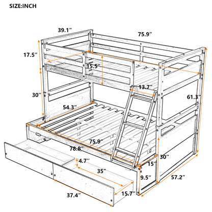 Twin Over Full Bunk Beds with 2 Under Bed Storage Drawers, Stronger & More Stable Bunkbed, Espresso