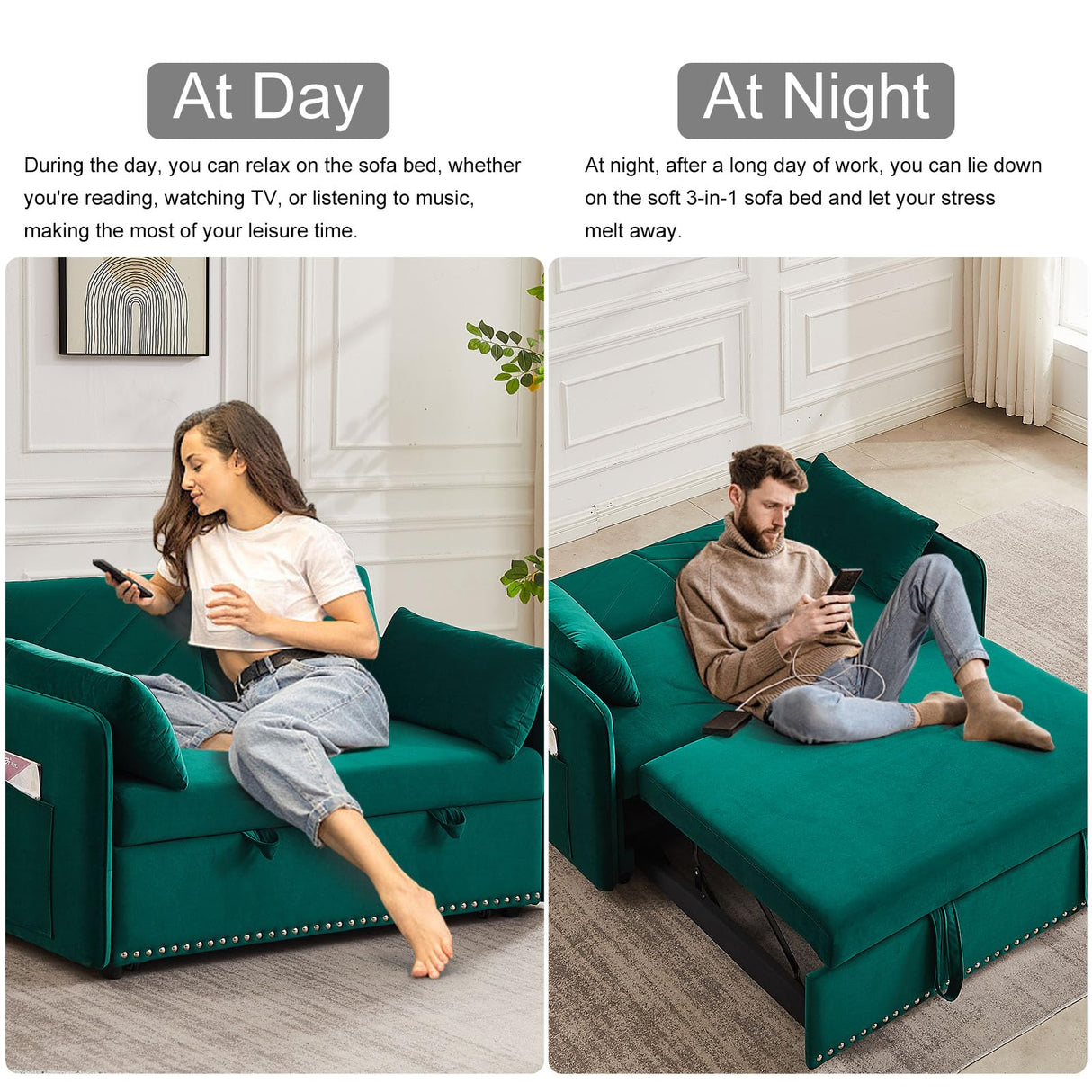 howcool 3 in 1 Convertible Sleeper Futon Sofa Bed, 55" Velvet Small Loveseat Lounge Couches with 2 Pillows, Reclining Backrest, USB Ports & Side Pockets for Living Room, Pull-Out Couch, Green howcool