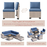 Aukreolis 7 Pieces Patio Furniture Set with Fire Pit Table, Outdoor Sectional Wicker Sofa with Thickened Cushions and Coffee Table, High Back Rattan Patio Conversation Sets, Navy Aukreolis