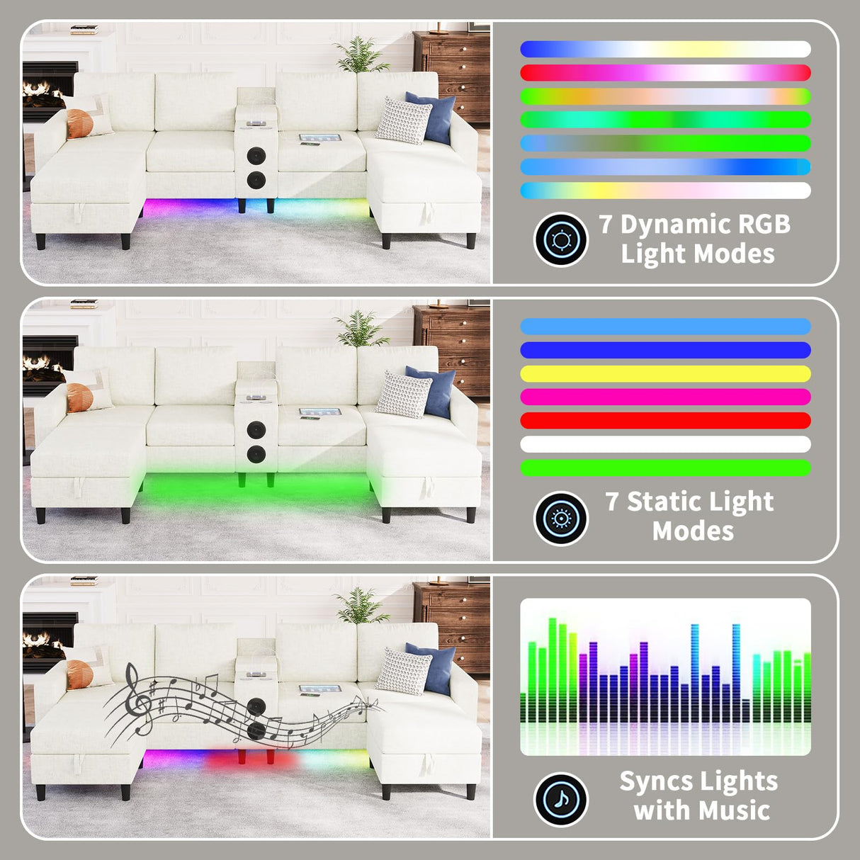 ZSDT Sectional Couches for Living Room, 6 Seat Sectional Sofa Smart Module-Bluetooth Speaker/RGB Light/Charging Station, Chenille U Shaped Couch with 2 Movable Storage Ottomans (Beige) ZSDT