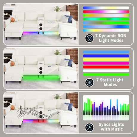 ZSDT Sectional Couches for Living Room, 6 Seat Sectional Sofa Smart Module-Bluetooth Speaker/RGB Light/Charging Station, Chenille U Shaped Couch with 2 Movable Storage Ottomans (Beige) ZSDT