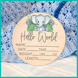 Birth Stat Sign for Newborn - Baby Name Announcement - Hello World Elephant Hospital Photography Prop - Jungle Safari Yippee Daisy