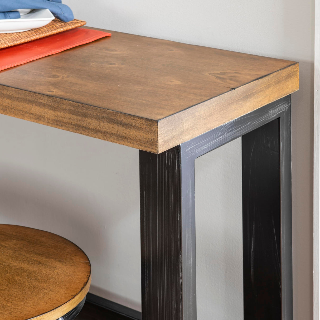 Darwin Black Metal-Framed Console Table with Brown Poplar Wood Veneer Top Powell