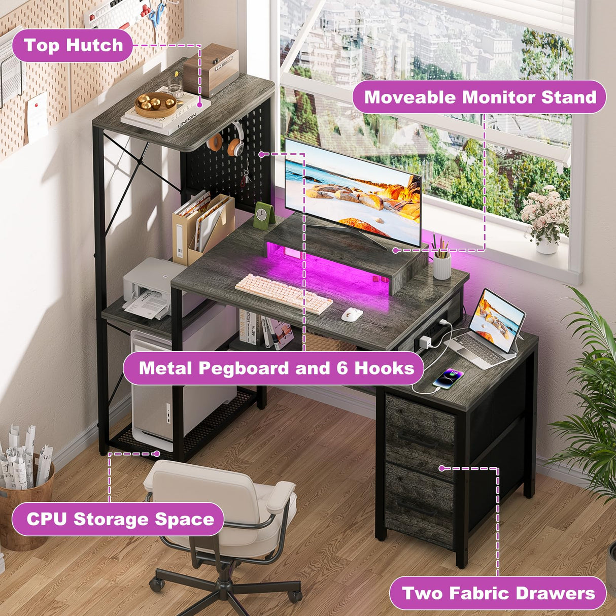 Small Gaming Desk with 2 Fabric Drawers - Reversible Computer Desk with Power Outlet & LED Lights, 49" Office Desk with Monitor Stand & Storage Shelves, Writing Study Table with Pegboard, Grey Oak Besiost