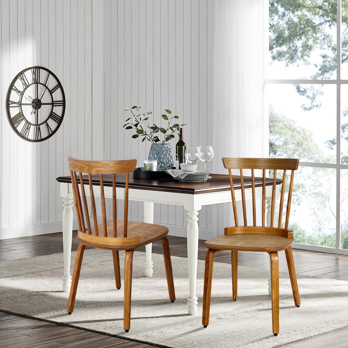 Bekrvio Windsor Chairs Set of 2, Farmhouse Spindle Back Dining Chairs with Bentwood Legs, Solid Wood Armless Dining Room Chair for Kitchen Room, Living Room, Vintage Country Style, Distressed Brown Bekrvio