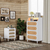 VINGLI White Rattan Dresser with LED Lights, Tall Dresser, Rattan Chest of Drawers for Bedroom, Vertical 4 Drawer Dressers for Bedroom, Boho VINGLI