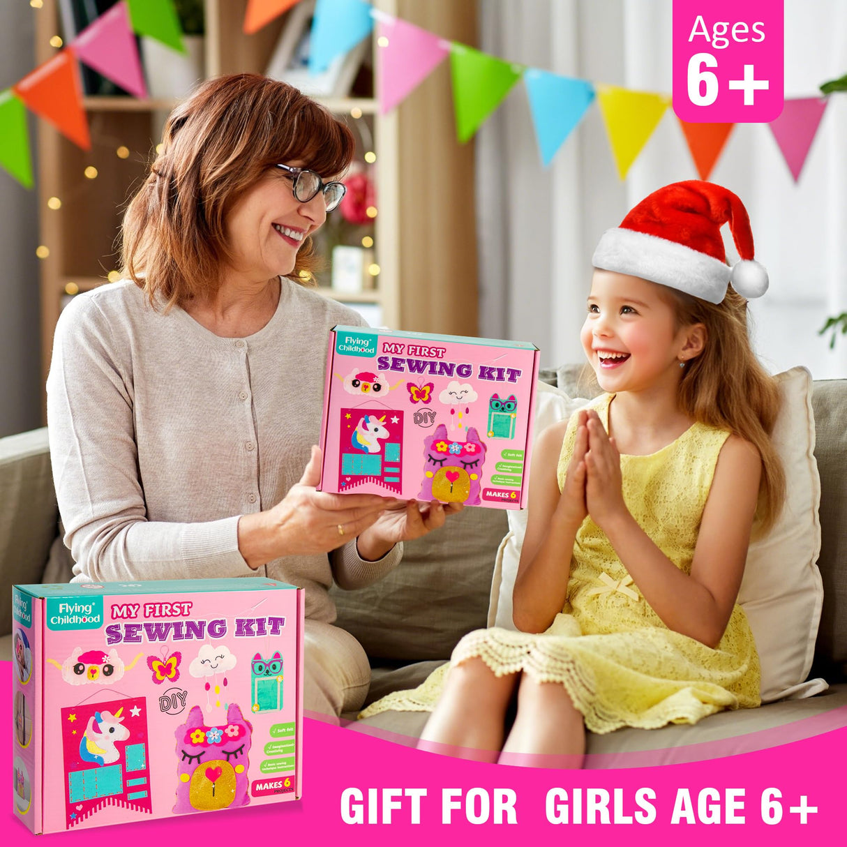 Flying Childhood Soft Felt Sewing Kit for Kids Arts & Crafts, 6 Easy DIY Stuffed Animal Dolls and Plush Pillow, Instructions, Gifts for Girls 6-12, Embroidery Kit for Learn Sew Flying Childhood