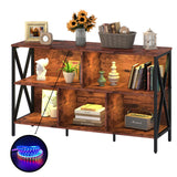 Horizontal Bookshelf,Industrial Modern 5 Cube Low Wide Cubby Bookcase with led Light,Long Wood and Metal Storage Organizer Open Shelf, Book Shelf Bedroom Storage for Home Office Living Room(Brown) Adompacat