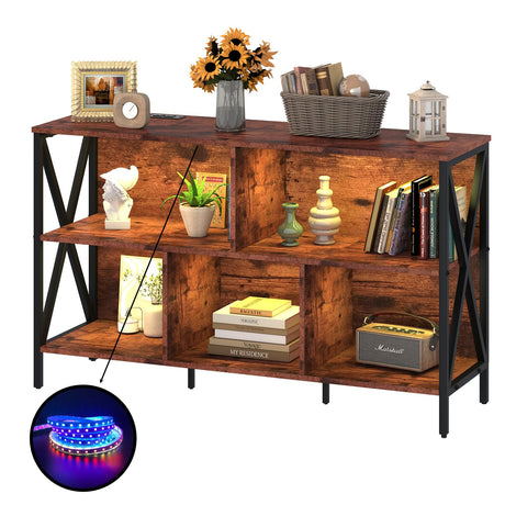 Horizontal Bookshelf,Industrial Modern 5 Cube Low Wide Cubby Bookcase with led Light,Long Wood and Metal Storage Organizer Open Shelf, Book Shelf Bedroom Storage for Home Office Living Room(Brown) Adompacat