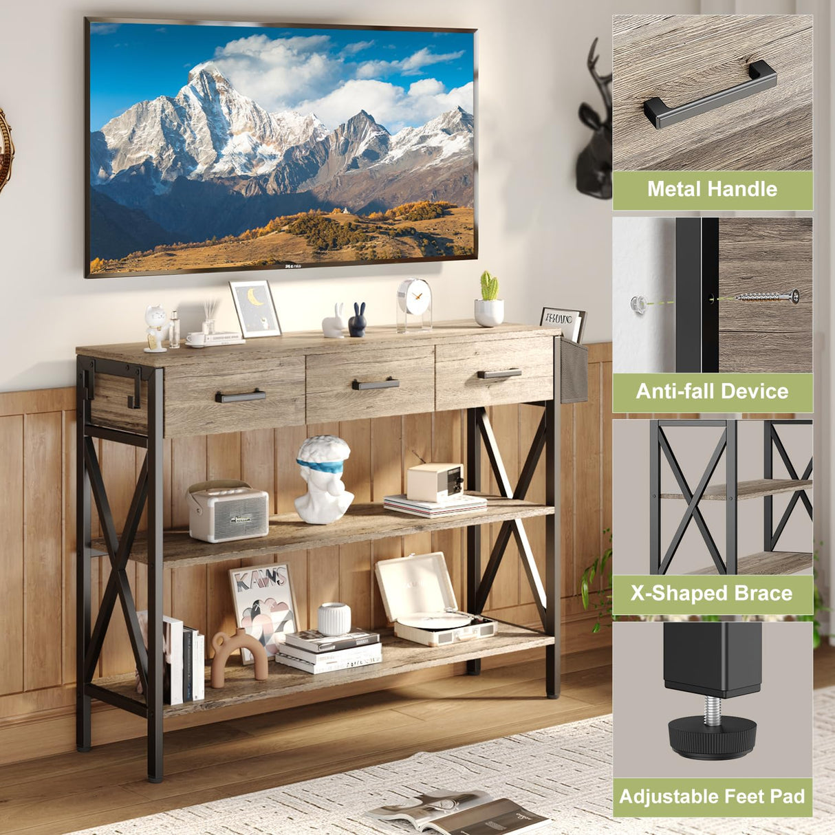 Gizoon 47" Console Table with 3 Drawers, Industrial Entryway Table with 3 Tier Storage Shelves, Narrow Long Sofa Table for Entry Way, Hallway, Couch, Living Room, Kitchen, Grey Gizoon