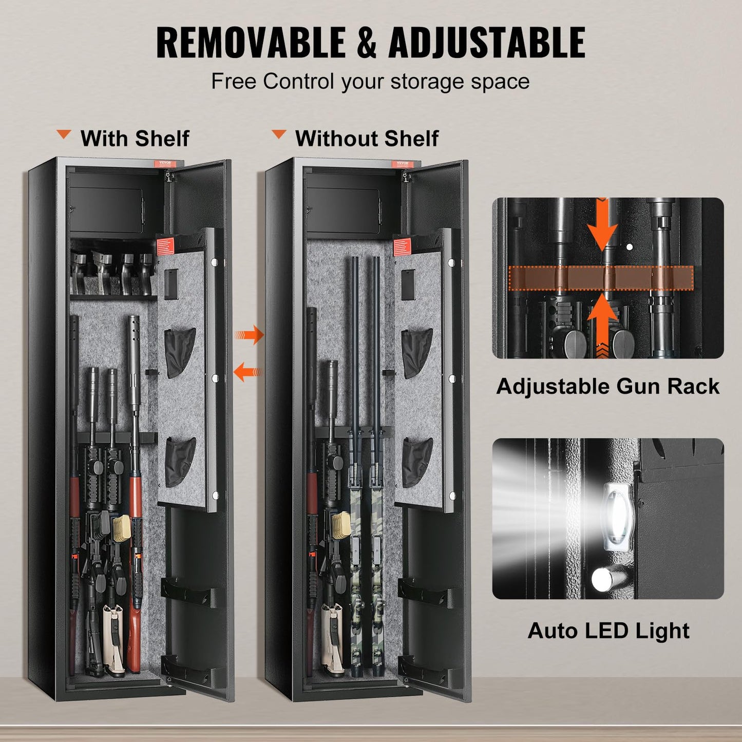 VEVOR 7-8 Rifles Gun Safe, Rifle Safe with Digital Keypad & Lock, Gun Storage Cabinet with Built-in Storage Locker, Removable Storage Shelf for Home Long Gun and Pistols